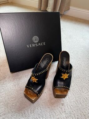 Versace Black Leather Platform Clogs with Gold Star and Studded Details Size 6.5